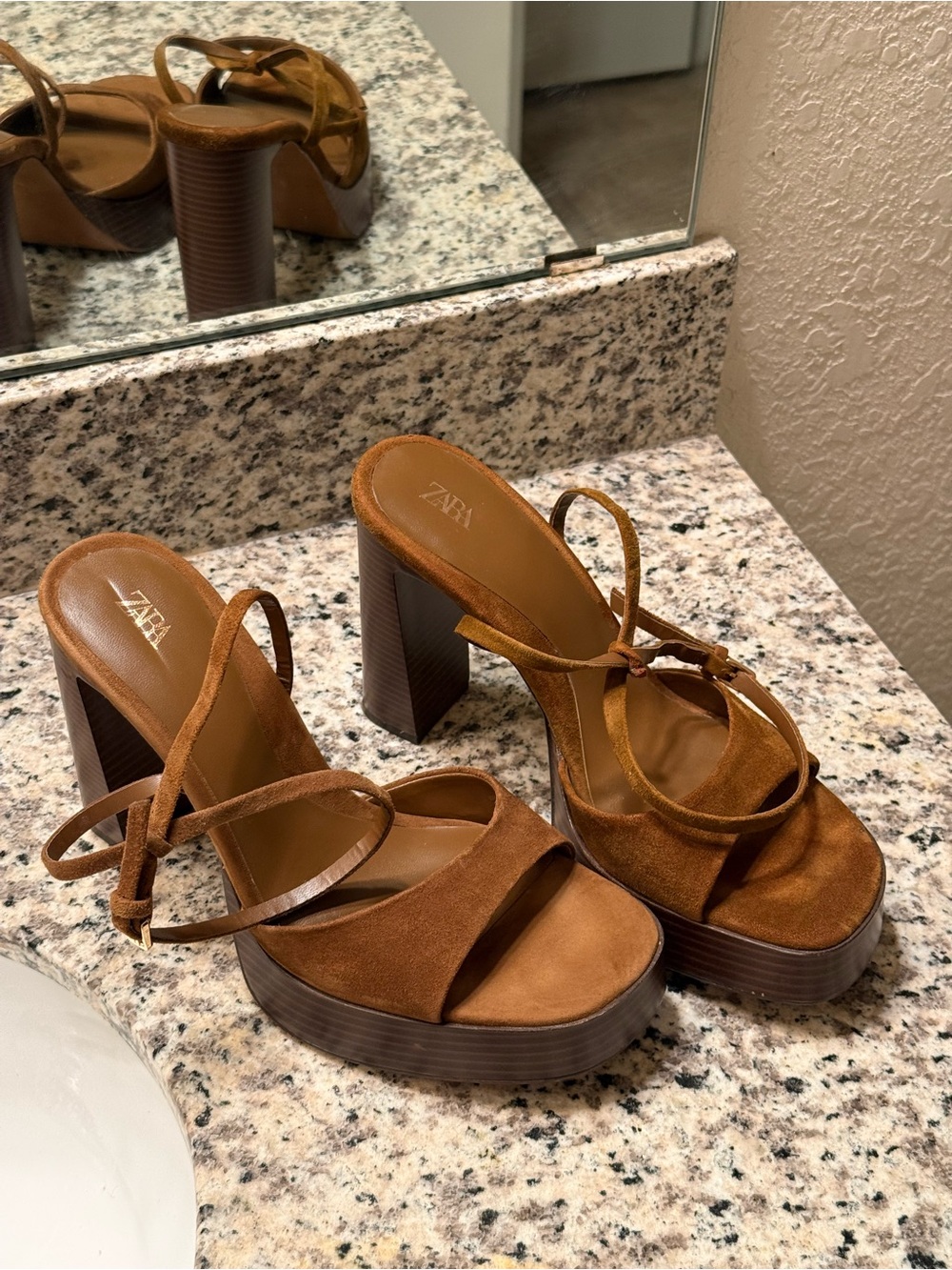 ZARA Chestnut Brown Suede Platform Block Heel Sandals